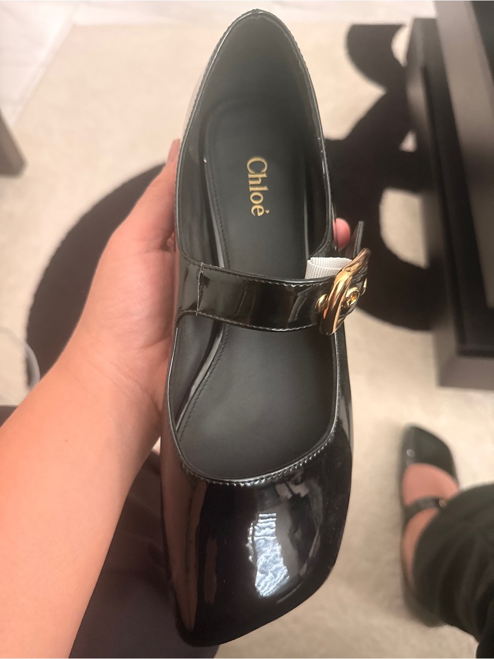 Chloé Black Patent Mary Jane Flat with Gold Buckle